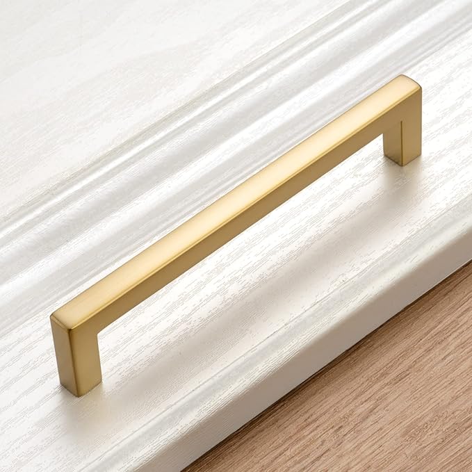 KOOFIZO Solid Square Bar Cabinet Handle - Brushed Gold Furniture Pull, 5 Inch/128mm Screwhole Distance, 10-Pack for Kitchen Cupboard Door, Bedroom Dresser Drawer, Bathroom Wardrobe Hardware