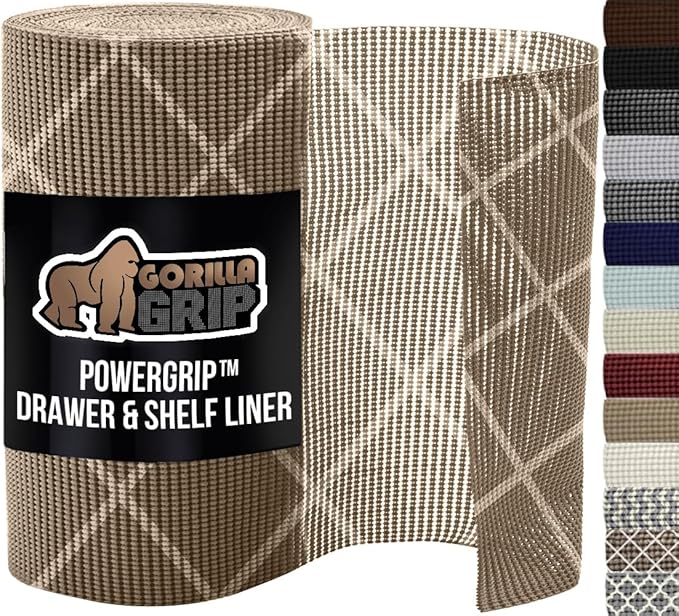 GORILLA GRIP powerGRIP Drawer Shelf and Cabinet Liner, Thick Strong Hold, Non-Adhesive Liners Protect Kitchen Cabinets and Cupboard, Bathroom Drawers, Easy Install, Breathable Mat, 20" x20', Beige