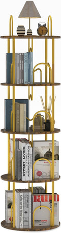 4 Tier Rotating Bookshelf, 360° Spinning Bookshelf Tower, Round Narrow Space Saving for Books and Display, Revolving Bookcase Corner Tall Book Shelf for Small Spaces, Bedroom, Living Room, Gold