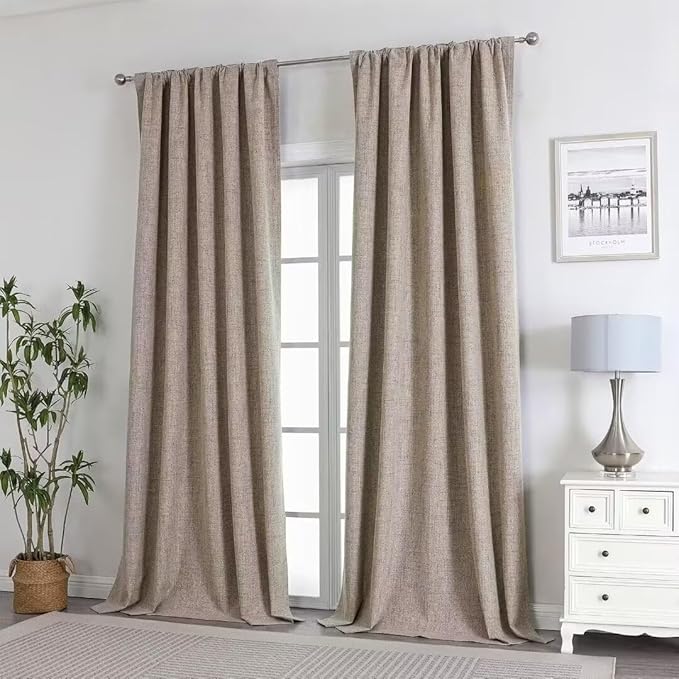 Joydeco Natural Linen Curtains 120 inch Length 2 Panels Set Burg 100% Blackout Patio Door Curtain Room Darkening Sliding Door Curtains Thermal Insulated Back tab Rod Pocket(105x120 inch, Linen)