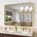 Gold Bathroom Mirror, 48x32 Inch Brushed Gold Metal Frame Mirror for Wall, Rounded Rectangle Bathroom Vanity Mirror, Tempered Glass, Anti-Rust, Horizontal/Vertical