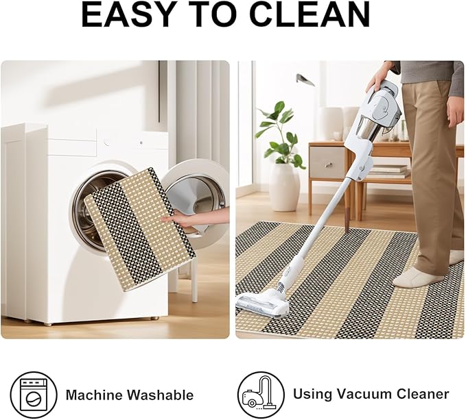 OJIA Tan Washable Outdoor Rug 3'x5', Fall Front Door Mat Outside Entrance Cotton Woven Halloween Doormat Indoor Outdoor Rugs Striped Entryway Rugs Small Outdoor Door Mats for Porch Patio Kitchen Entry