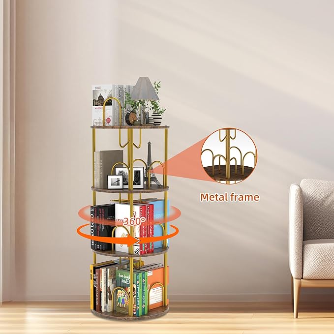 3 Tier Rotating Bookshelf, 360° Spinning Bookshelf Tower, Round Narrow Space Saving for Books and Display, Revolving Bookcase Corner Tall Book Shelf for Small Spaces, Bedroom, Living Room, Gold