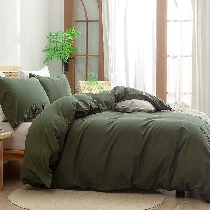 BESTOUCH Duvet Cover Set 100% Washed Cotton Linen Feel Super Soft Comfortable Chic Lightweight 3 PCs Home Bedding Set Solid Olive Green Super King