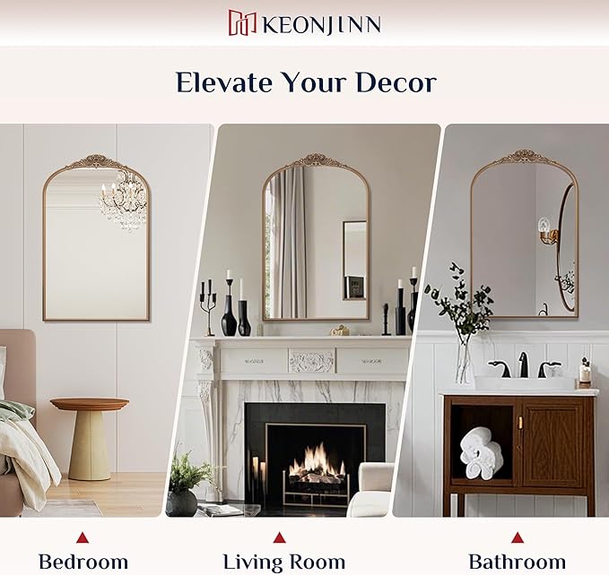 Keonjinn Gold Vintage Arched Mirror for Wall, 16" x 24" Brass Mirror with Metal Frame, Ornate Baroque Decoration for Mantle, Living Room, French Cleat Mounting