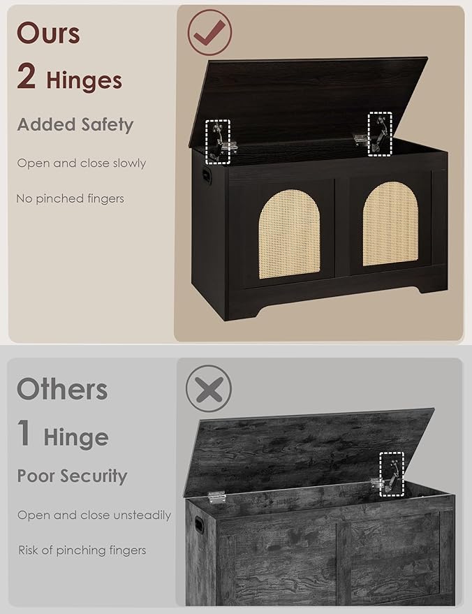 DINZI LVJ Storage Chest, 31.5" Rattan-Like Toy Box with 2 Safety Hinges, Wooden Entryway Storage Bench with Flip-Top, Storage Trunk for Living Room, Bedroom, Easy Assembly, Espresso and Natural