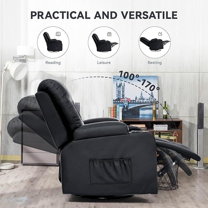 COMHOMA Living Room Furniture Set, Bonded Leather Sofa with Cup Holder Recliner Chair, 3, Black