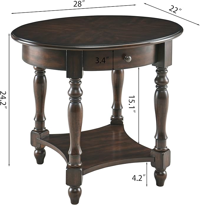 LEEMTORIG Oval Round End Table with Drawer, 2-Tier Solid Wood End Tables, Victorian Antique Nightstand Bedside Table for Bedroom Office Living Room, 28" W x 22" D x 24.2" H, Dark Walnut CJZ-2233-DC