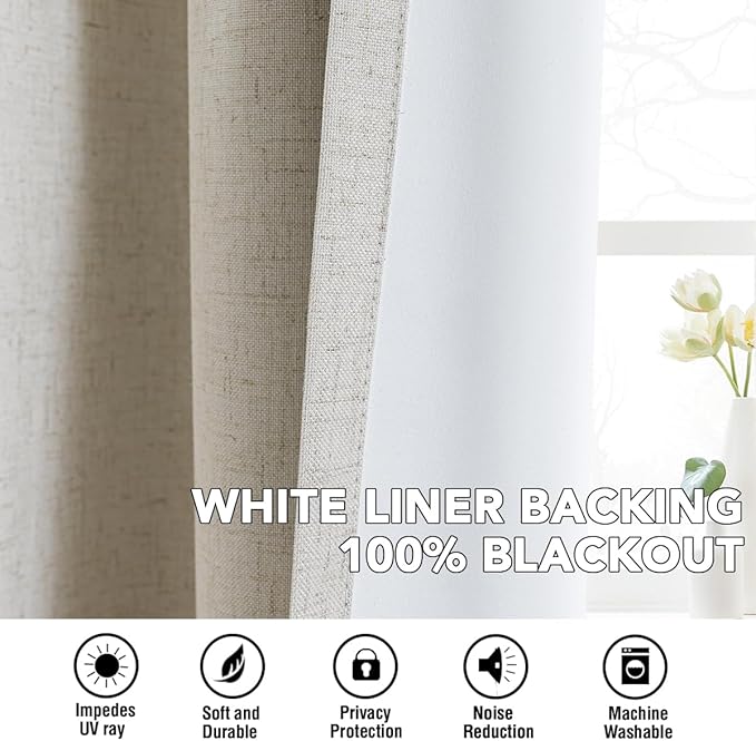 H.VERSAILTEX Linen Curtains 100% Blackout Curtains for Bedroom 96 inch Long Full Light Blocking Nature Linen Blended Window Curtains for Living Room Nickel Grommet (2 Panels, Heathered Linen)