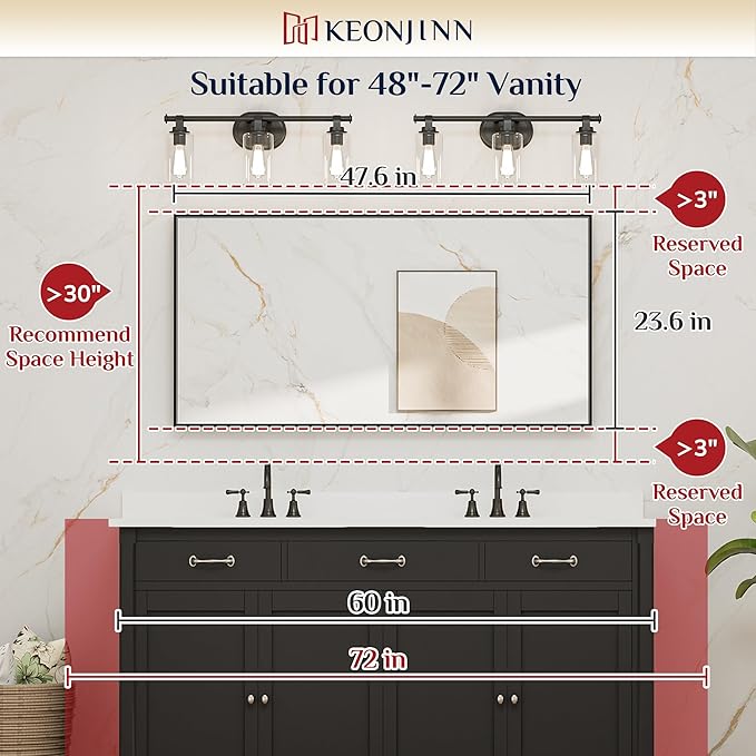 Keonjinn 48 x 24 Inch Black Bathroom Mirrors for Over Sink Bathroom Vanity Mirror for Wall Metal Frame Rectangle Mirror Large Square Corner Matte Black Mirror Full Length Mirror(Horizontal/Vertical)