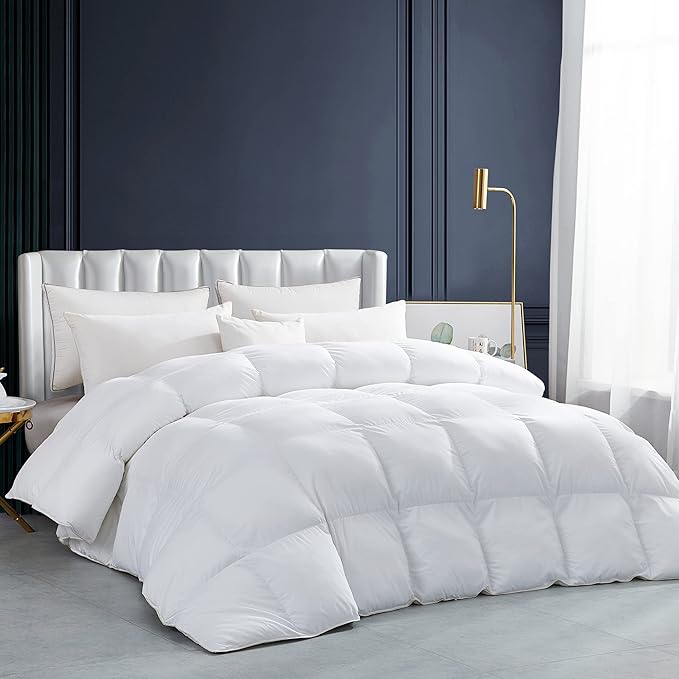 Luxurious White Solid Heavy Weight, Palatial King Size Goose Feathers Down Comforter for Winter Weather, 120 X 98 inches, Premium Baffle Box, 100% Egyptian Cotton Cover, 95 oz. Fill Weight