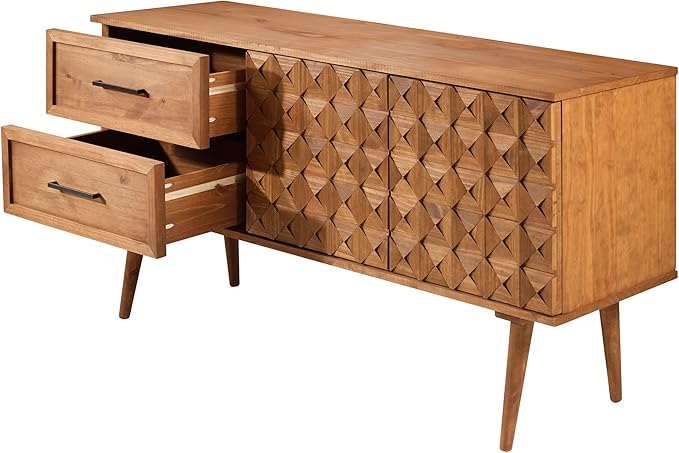 Walker Edison Deluca Boho Solid Wood 2 Door Sideboard with Prism Detail, 58 Inch, Caramel
