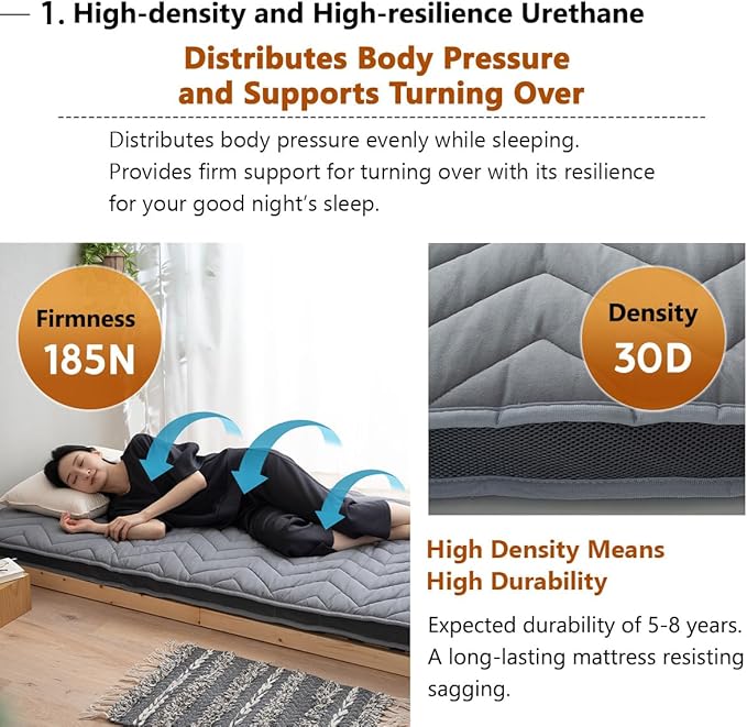 EMOOR Japanese Wool-Blend Padded Futon Mattress GOMA Full Dark Gray, Gusset Foldable Sotrable Elastic Bands Floor Sleeping Guest Bed Tatami Mat