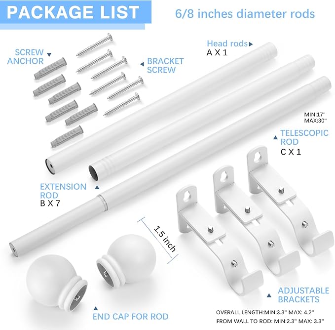Curtain Rods for Windows 16 to 136 Inches, Curtain Rod Max Adjustable Length of 144 IN, 6/8" Diameter Drapery Rods Round Finials, White, Pack of 1
