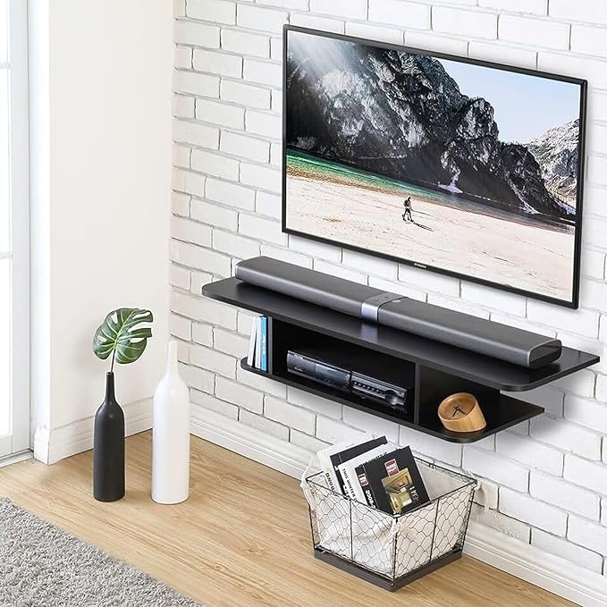BiJun Floating TV Shelf, Entertainment Center Wall Mounted Media Console Router DVD Shelf for One/PS4/Cable Box/DVD Players/Game Console Streaming Media Equipment (Black, 35.4)