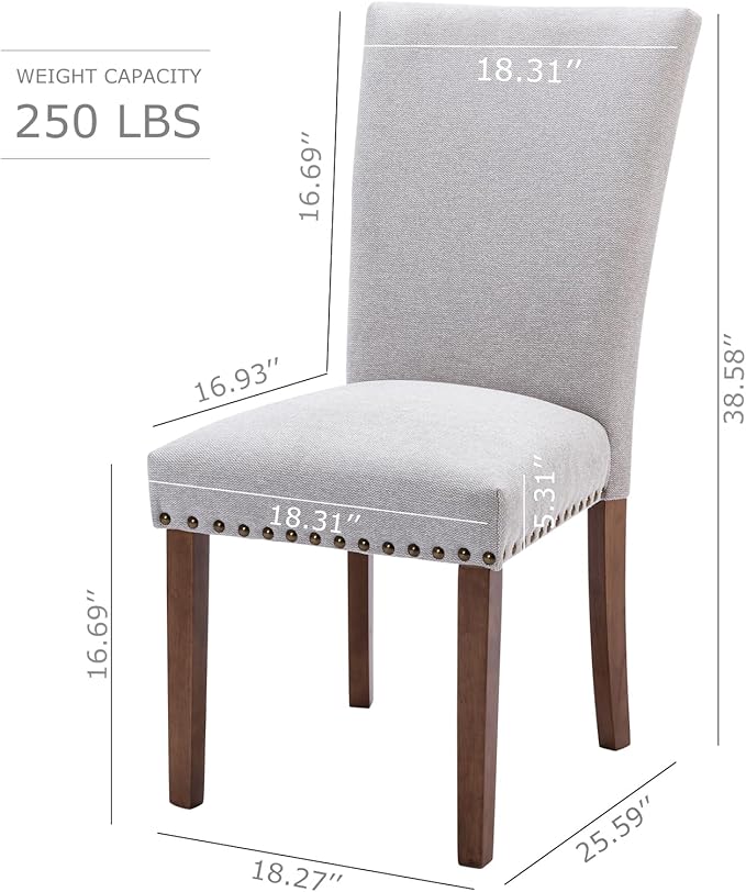COLAMY Upholstered Parsons Dining Chairs Set of 2, Fabric Dining Room Kitchen Side Chair with Nailhead Trim and Wood Legs - Light Grey