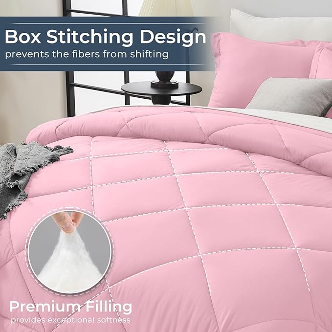 HEVUMYI Twin Comforter Set - 5-Piece All Season Bed in a Bag Twin, Ultra Soft Bedding Set with Comforter, Flat Sheet, Fitted Sheet, Pillowcases, Pillow Shams, Pink & Ivory