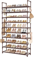 Tall Shoe Rack 10 Tier Shoe Organizer Large Shoe Shelf with 18 Hooks Storage for 50 Pair Sneaker and Boot, Stackable Vertical Shoe Rack Organizer for Closet, Entryway, Bedroom, Brown
