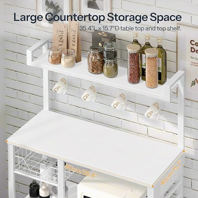 HOOBRO Bakers Rack with Power Outlet, 35.4 Inches Coffee Bar with Mesh Basket, Microwave Stand with 4 S-Shaped Hooks, Kitchen Bakers Rack with Storage, Easy to Assemble, White WT05HB01