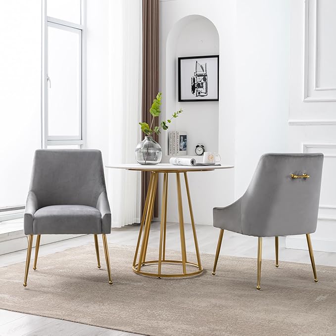 Modern Velvet Dining Chairs Set of 2, Contemporary Upholstered Furniture Collection with Polished Gold Metal Legs, Elegant Accent Chairs for Kitchen Living Room(Grey)