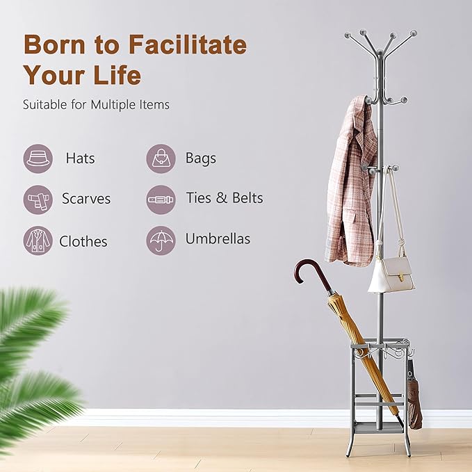 Hoctieon Coat Rack Freestanding With Umbrella Holder, Metal Coat Tree With 12 Hooks, Standing Hanger for Entryway, Hat Rack for Home Office, Gray