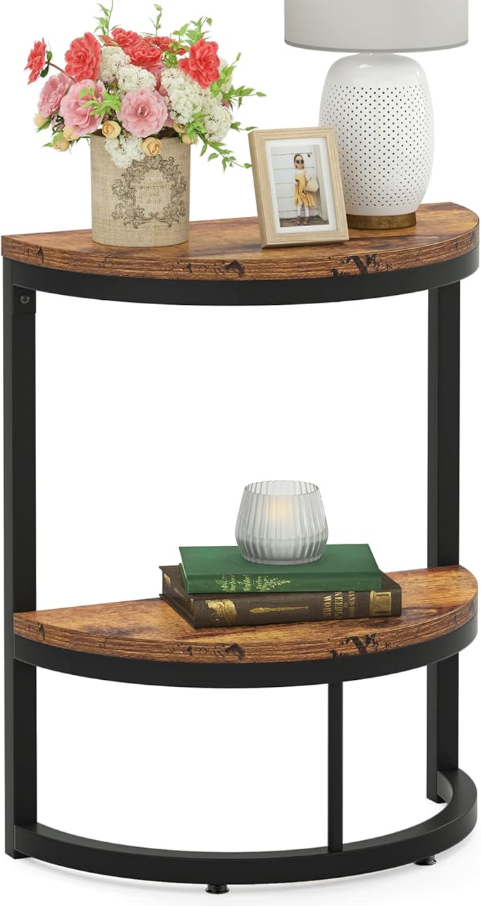 Tribesigns End Table Semi Circle, Small Half Round Side Table with Storage Shelf, Wood Accent Table Slim C Table for Sofa Couch, Living Room, Bedroom, Easy Assembly (Rustic Brown & Black, 2-Tier)