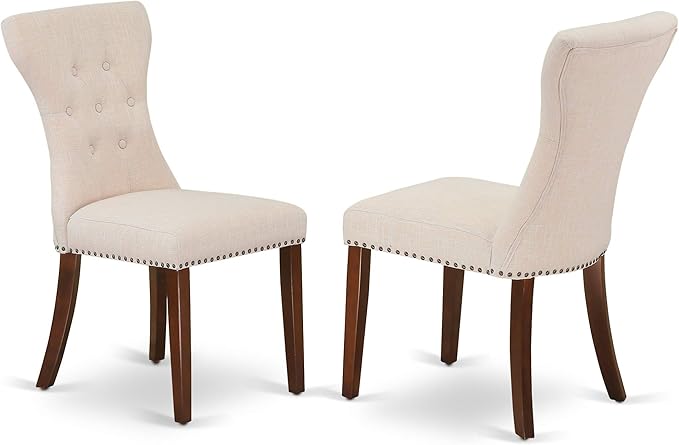 East West Furniture ESGA3-MAH-32 3 Piece Dining Table Set for Small Spaces Contains a Round Wooden Table with Pedestal and 2 Light Beige Linen Fabric Parson Chairs, 30x30 Inch, Mahogany