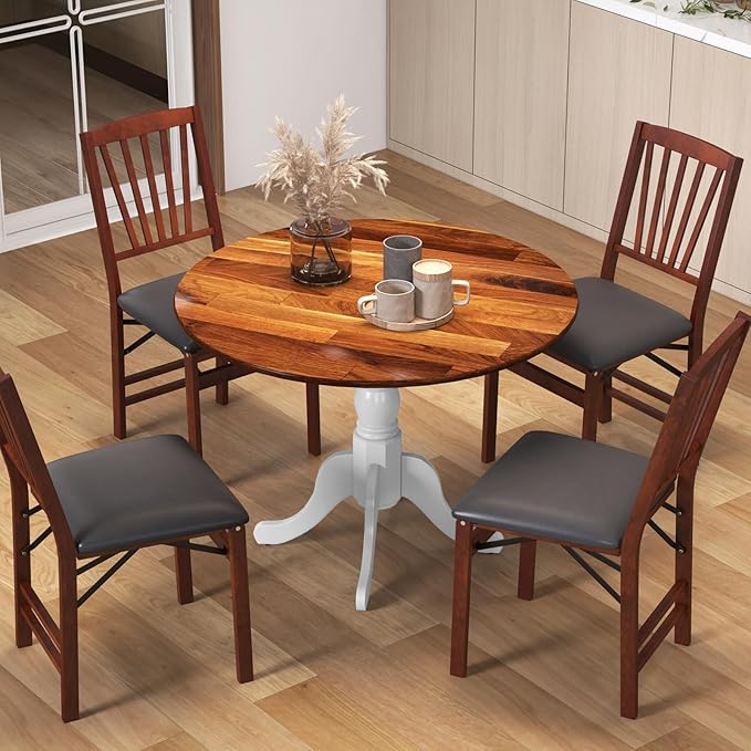COSTWAY Round Dining Table for 4, 39 inch Kitchen Table with Solid Rubber Wood Frame, Adjustable Foot Pads, Curved Trestle Legs, Mid Century Rustic Dinning Table for Living Room (Walnut+White)