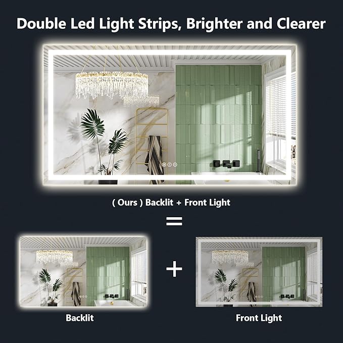 68x36 Inch LED Bathroom Mirror with Lights Front and Backlit Lighted Vanity Mirror for Bathroom Wall with 3 Colors Dimmable Anti-Fog Memory Shatter-Proof IP54 Waterproof Horizontal/Vertical
