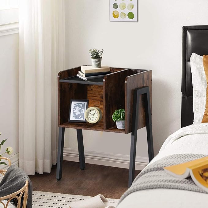 VECELO Nightstand Set of 2,Industrial End Table,Bedside Table with 2-Tier Open Storage Shelves,Wood Side Table with Metal Frame for Bedroom, Living Room,Small Spaces