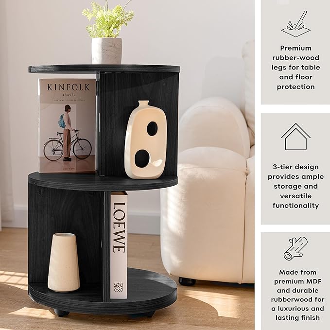 KAYMILY Living Room Side Table, Office Round Bookshelf End Table, Bedroom Mid Century Modern Nightstands, Contemporary Accent Tables - Easy Assembly - MDF Wood - Stationary - Black