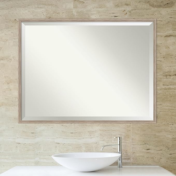 Amanti Art White Bathroom Mirror for Over Sink, 31x41 Hardwood Wedge White Wash Rectangle Vanity Mirror, X-Large Rustic Farmhouse Wood Frame, Hangs Horizonally and Vertically, Bathroom Wall Decor