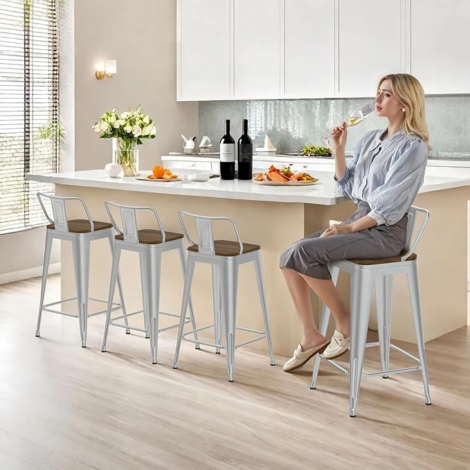26 Inch Swivel Bar Stools Set of 4, Counter Height Bar Stools with Low Back, Metal Industrial Bar Chairs for Kitchen Island (Silver)