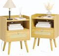 End Table Set of 2 with Charging Station, Diamond Décor Nightstands Set of 2, Bedside Table Set of 2 with Solid Wood Legs, Light Oak