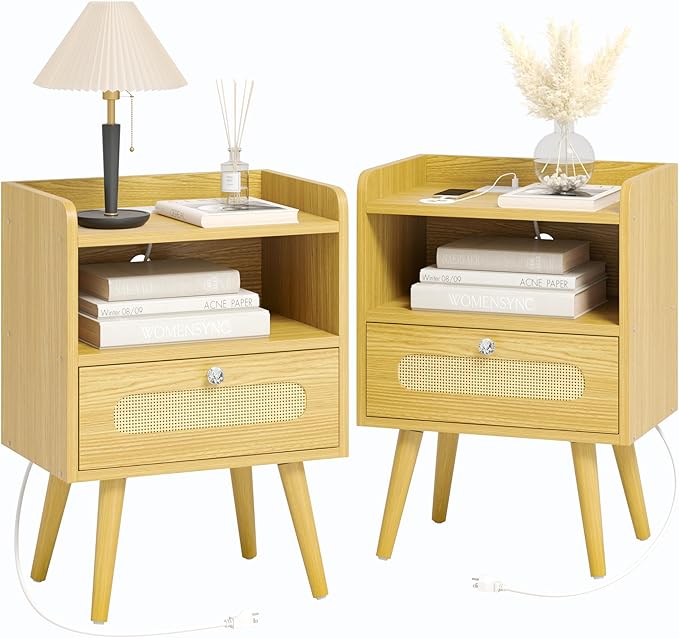End Table Set of 2 with Charging Station, Diamond Décor Nightstands Set of 2, Bedside Table Set of 2 with Solid Wood Legs, Light Oak