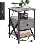 Side Tables with Wireless Charging Station, Grey End Tables Living Room with Charging, Side Tables with Wood Drawer, Night Stands with Storage for Bedroom, Bedside Tables, Living Room