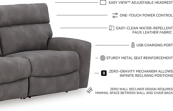 Signature Design by Ashley Next-Gen DuraPella Contemporary Faux Leather Modular Wall Hugger 3-Piece Power Reclining Sectional Sofa with Adjustable Headrest and USB Ports, Gray