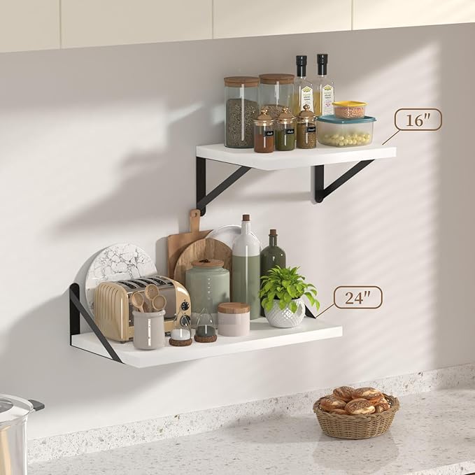 SAUMONIER Floating Shelves Bookshelf for Bedroom Bathroom Living Room Wood Wall Mounted Wide Deep Storage, White Painted 24 Inch Shelves Set of 2