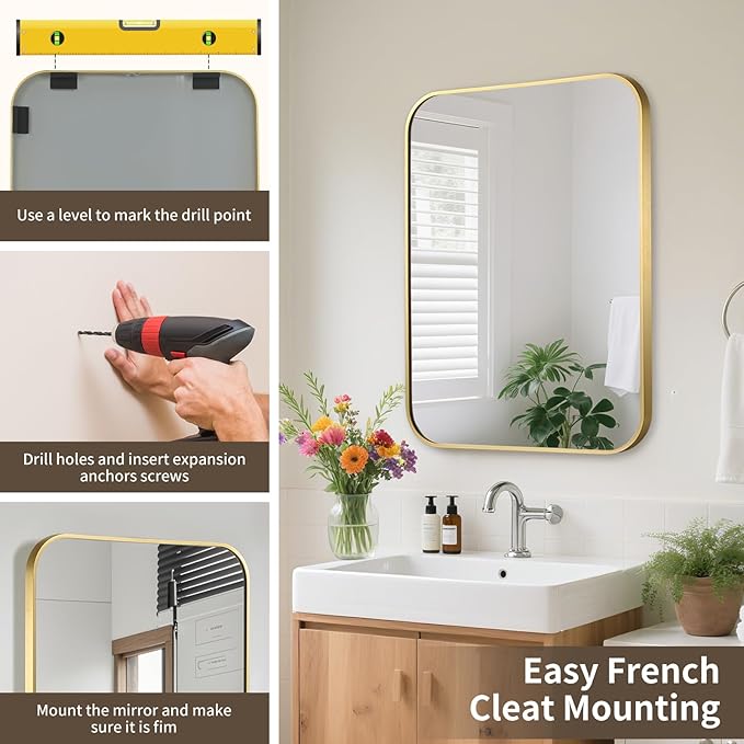 Gold Bathroom Mirror, 24x32 Inch Aluminum Frame Rectangle Mirror, Anti-Rust, Tempered Glass, Wall Mirror for Over Sink, Vanity, Bedroom, Entryway, Horizontal/Vertical