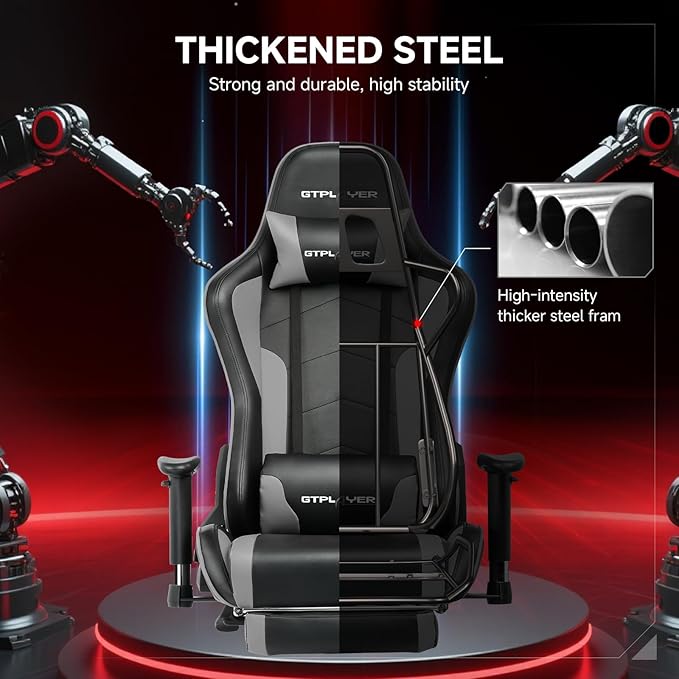 GTPLAYER Gaming Chair with Bluetooth Speakers and Footrest, Ergonomic Gamer Chair with Reclining Backrest, 3D Armrests, Adjustable Seat Height, Computer Desk Chair for Adults (Grey)