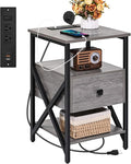 End Tables with Charging Station, Grey Charging Side Table Bedside Table with Outlets, Night Stands with Wood Drawer, Nightstand with Storage for Bedroom, Living Room