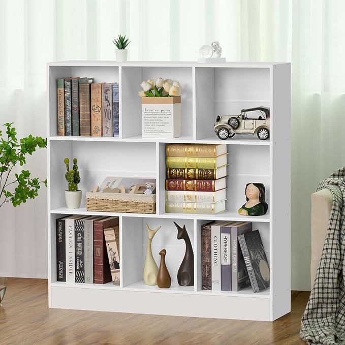 YAHARBO 5 Cube White Bookshelf,Small Modern Horizontal Bookcase,Wood Floor Standing Low Bookshelves Display Storage Cabinet with Base, Short Book Shelf Open Organizer for Bedroom,Living Room,Office