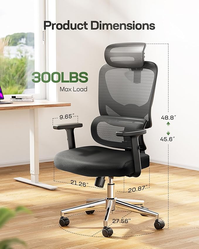 Marsail Ergonomic Office Chair Desk Chair,Gaming Chair with Height Adjustable Lumbar Support,Breathable Mesh Seat Adjustable Swivel Rolling Home Executive, Adjustable Armrest& 90-135°Rocking,Black
