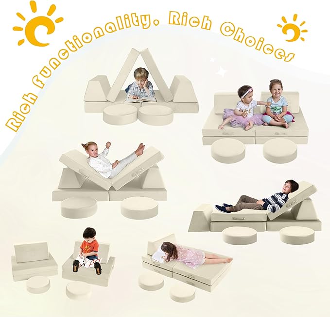 MeMoreCool Modular Kids Play Couch, Beige Foam Sofa and Fort Explorer Building Set for Toddlers and Playroom