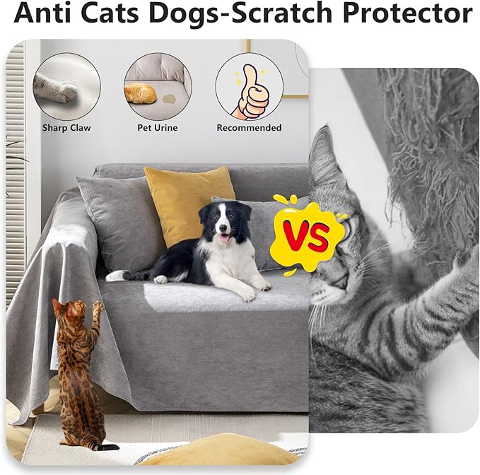 STACYPIK Waterproof Gray Couch Cover for Dogs, Non-Slip Sofa Covers for 3 Cushion Couch,Washable Sectional Cover for L-Shaped, Anti-Scratch Loveseat Cover, Pet-Friendly Furniture Protector-71X134IN
