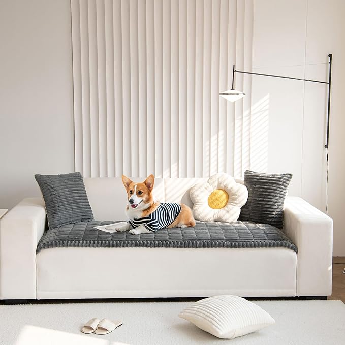 OTOB Couch Cover for Dogs Washable, Non Slip Plush Fuzzy Sofa Covers for 3 Cushion Couch Pet Friendly, Soft All Seasons Sofa Slipcover Cozy Furniture Protector (Dark Gray, 31.5" x 82.7")