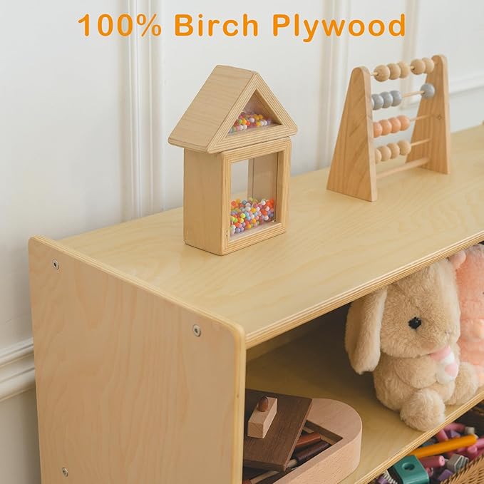 Kids Bookshelf and Toy Storage Shelf, Wooden Montessori Bookshelf, 3-Tier Toy Shelves with 7 Cubby, Classroom Furniture, Birch Children Bookcase, Book Shelf for Kids Room, Nursery, Playroom