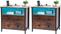 27 Inch Wide Night Stand, Large Wood Night Stand Set 2 with 2 Drawers, LED Nightstand with Charging Station and Adjustable Drawer, Bedside Table for Living Room/Bedroom/Study/Office, Retro.