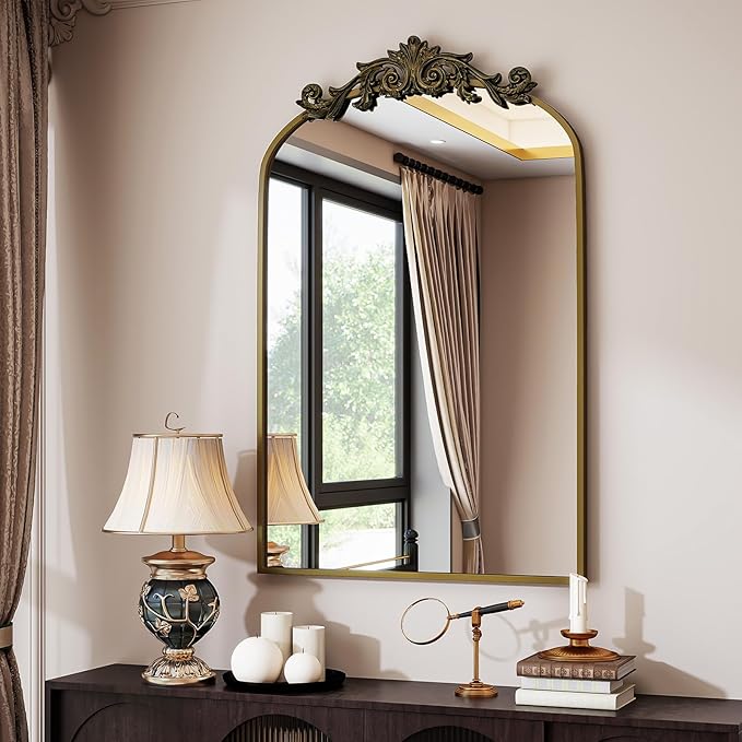 Vintage Arched Bathroom Mirror, 24x36 Inch Retro Wall Mounted Vanity Mirror with Carved Pattern Top and Metal Frame, Antique Decorative Mirror for Hanging or Leaning