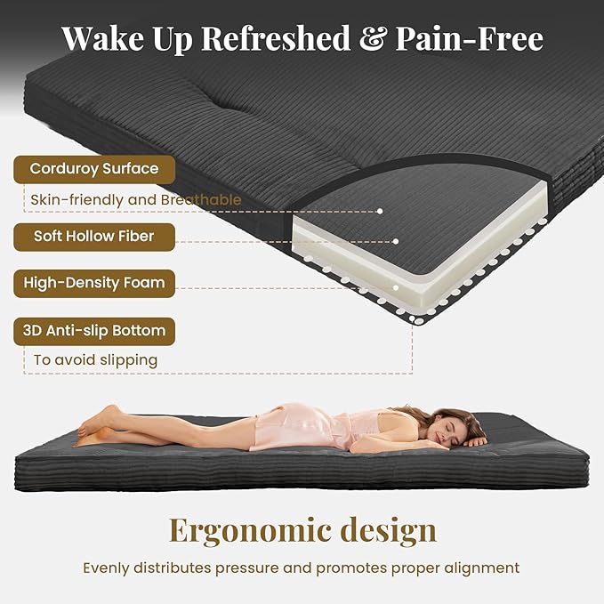 Japanese Floor Mattress, 4" Thicken Futon Mattress Twin Size Sleeping Pad, Corduroy Foldable Mattress Pad Roll Up Tatami Mat Floor Mattress for Adults（Grey）